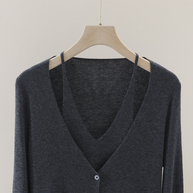 Damen feiner Rippstrick-Cardigan mit integriertem Spaghettitop und tiefem V-Ausschnitt Echo Archiv