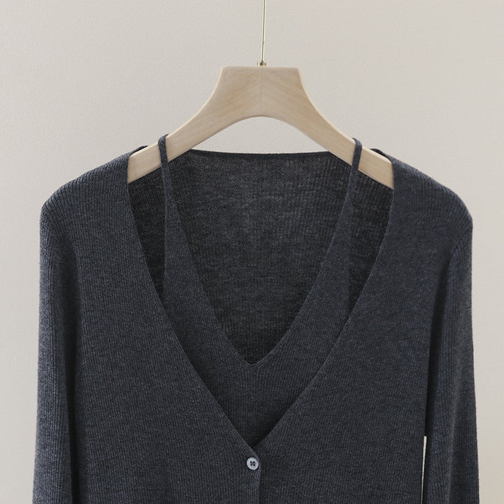 Damen feiner Rippstrick-Cardigan mit integriertem Spaghettitop und tiefem V-Ausschnitt Echo Archiv