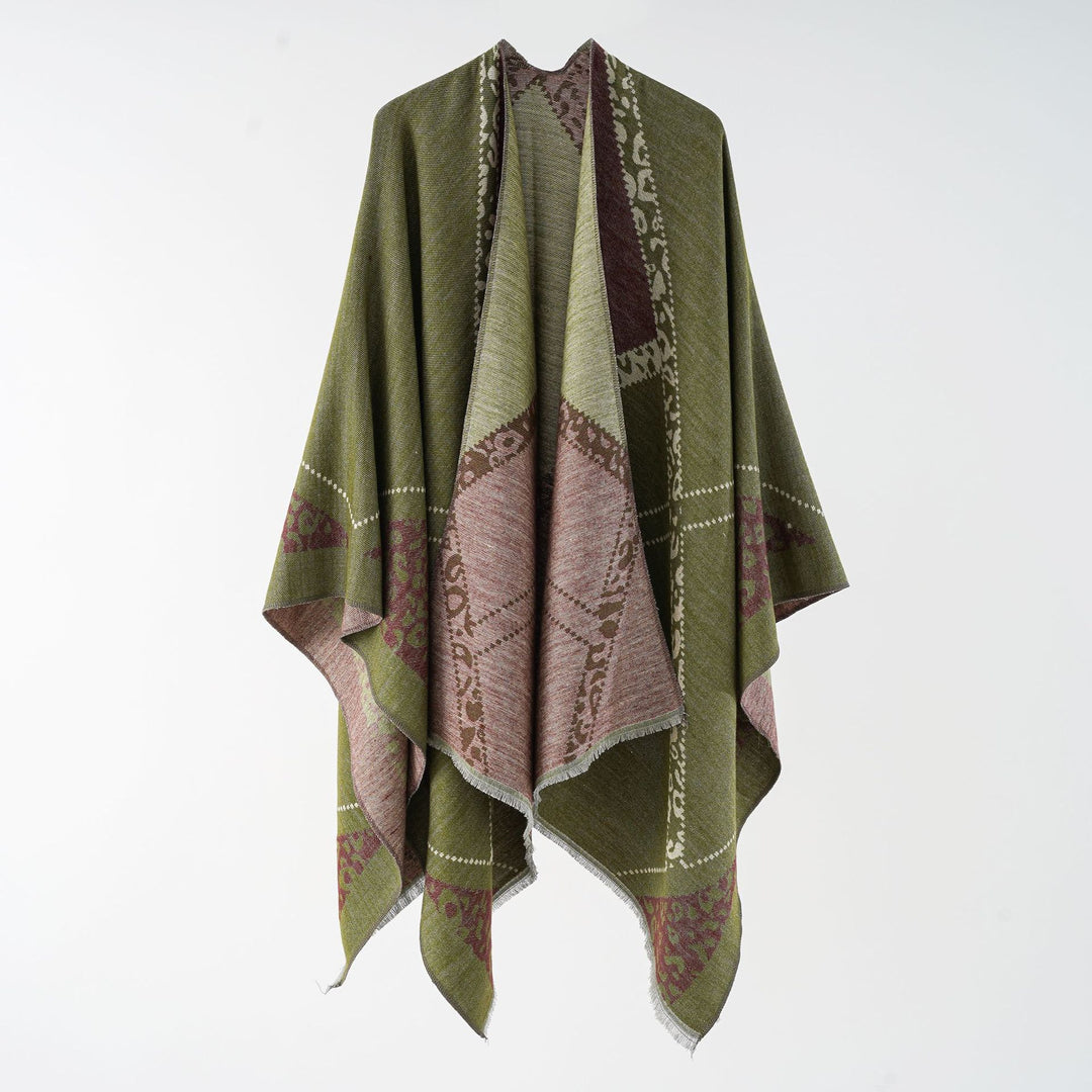 Damen Oversize Cape-Überwurf mit jacquardgewebten Patchmotiven und Fransensaum Echo Archiv