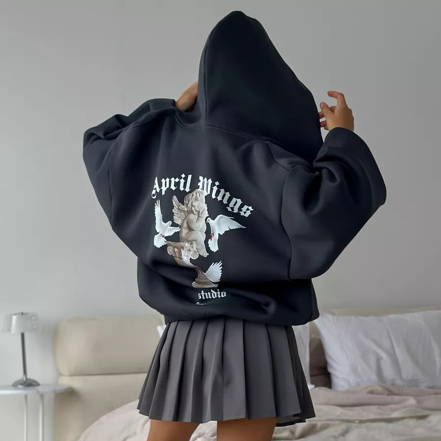 Damen oversized Kapuzenpullover mit Engels-Print und kunstvollem Rückendruck – Auréline