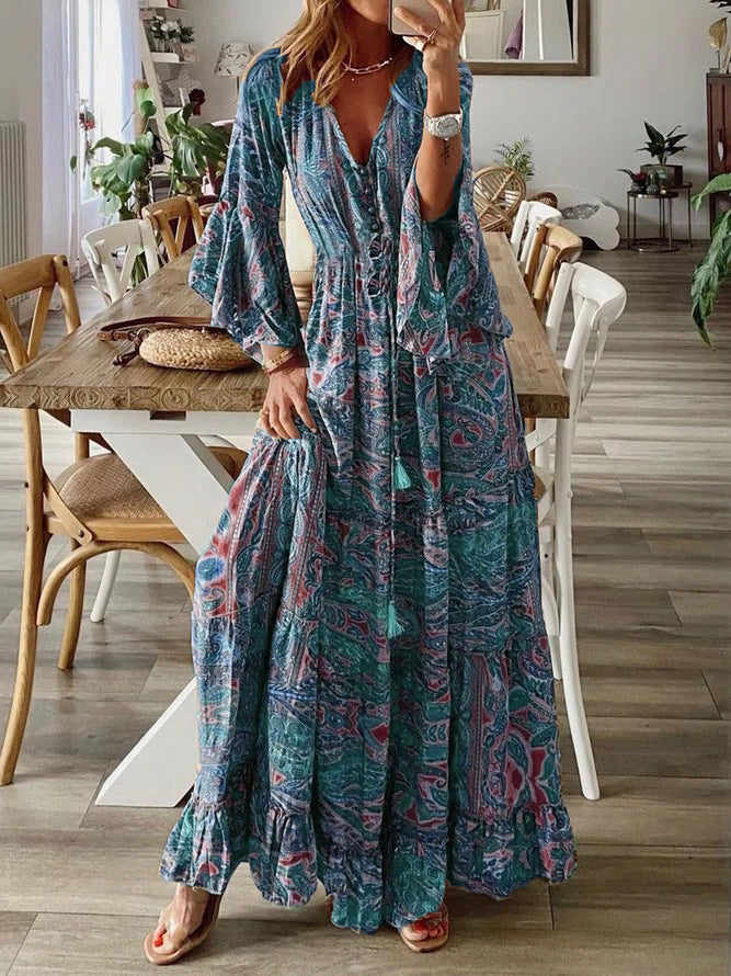 Damen Boho Maxikleid mit Paisley-Print, V-Ausschnitt, Stufenrock und Bindegürtel Echoarchiv
