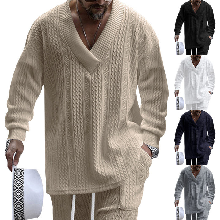 Herren Zopfstrick-Loungewear-Set mit tiefem V-Ausschnitt, Relaxed-Fit & Kordelhose – Marzano