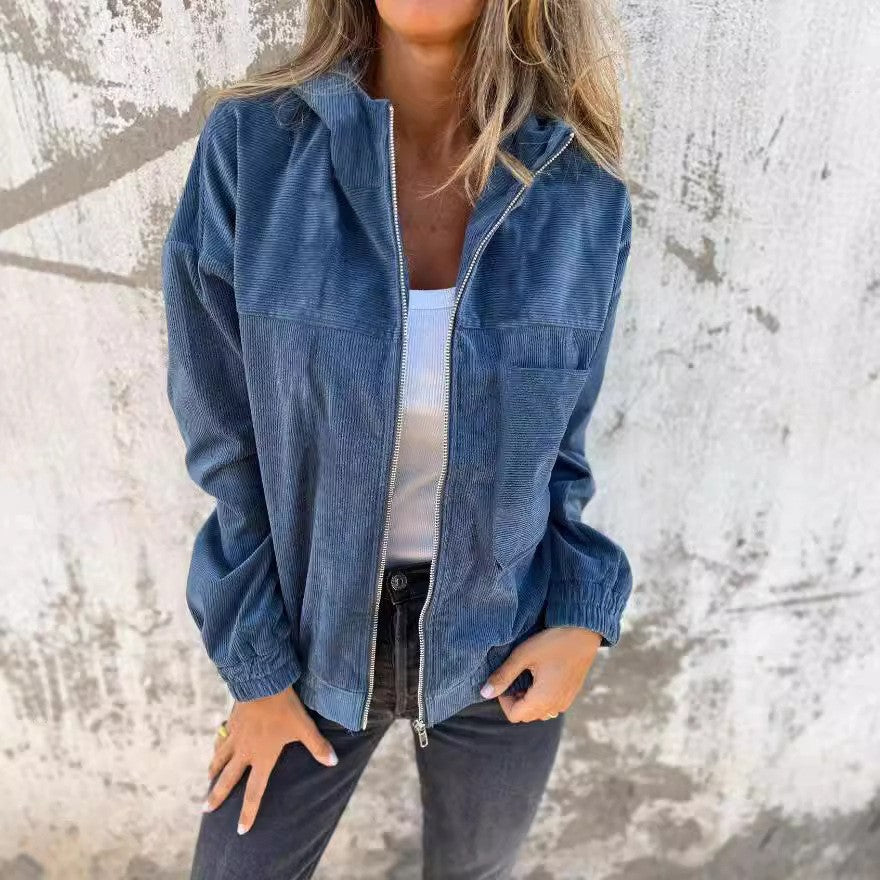Damen nan Feincord-Übergangsjacke mit Kapuze, Reißverschluss, elastischen Bündchen und seitlichen Eingrifftaschen Echo Archiv