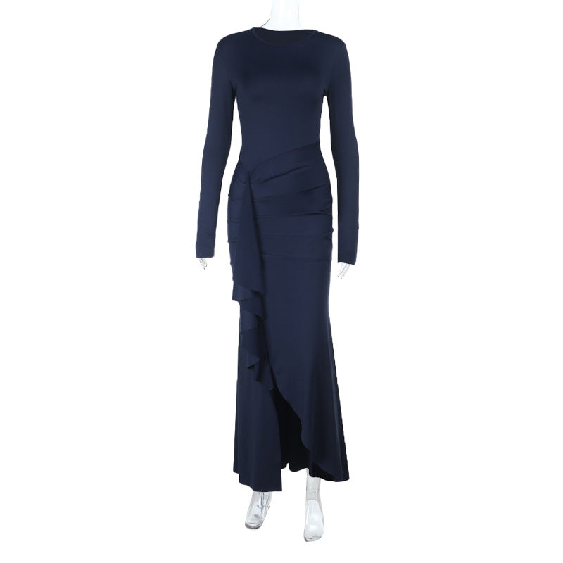 Damen Elegantes Abend-Maxikleid mit langen Ärmeln, figurbetonter Silhouette und seitlichem Volant – Avérine