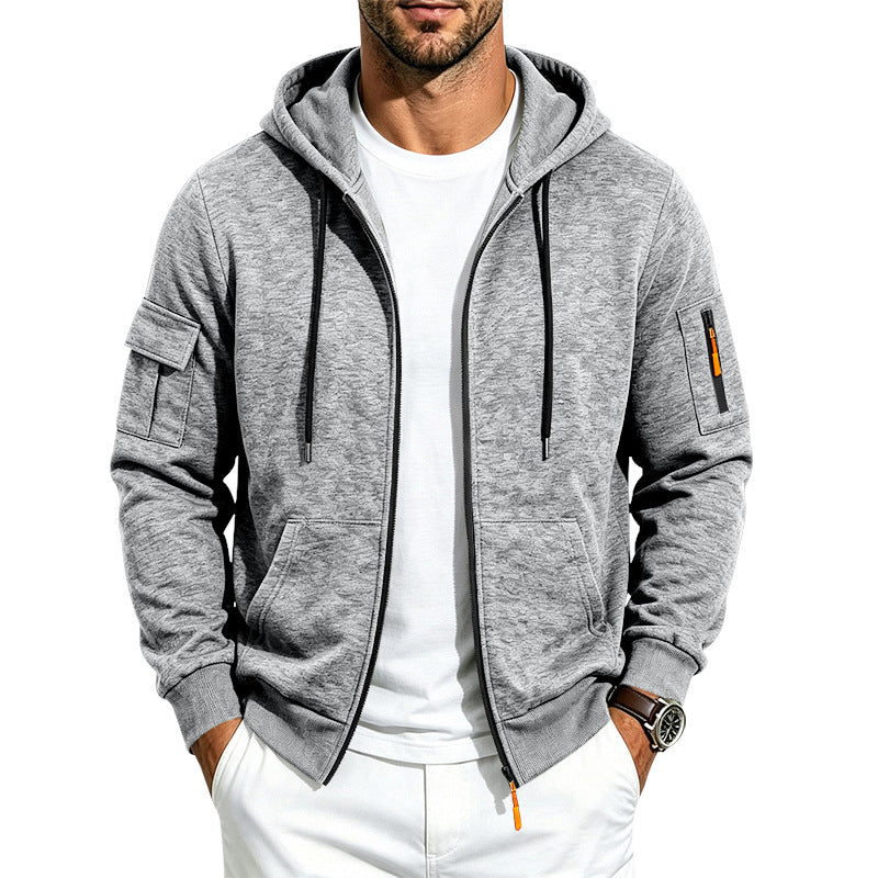 Herren Melierte Zip‑Hoodie‑Jacke mit Utility‑Ärmeltasche und Känguru‑Taschen Echoarchiv