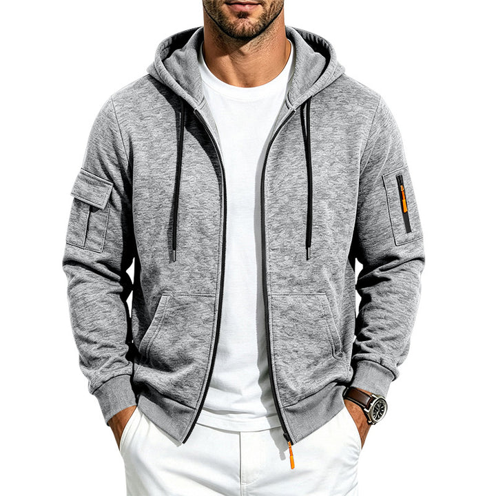 Herren Melierte Zip‑Hoodie‑Jacke mit Utility‑Ärmeltasche und Känguru‑Taschen Echoarchiv