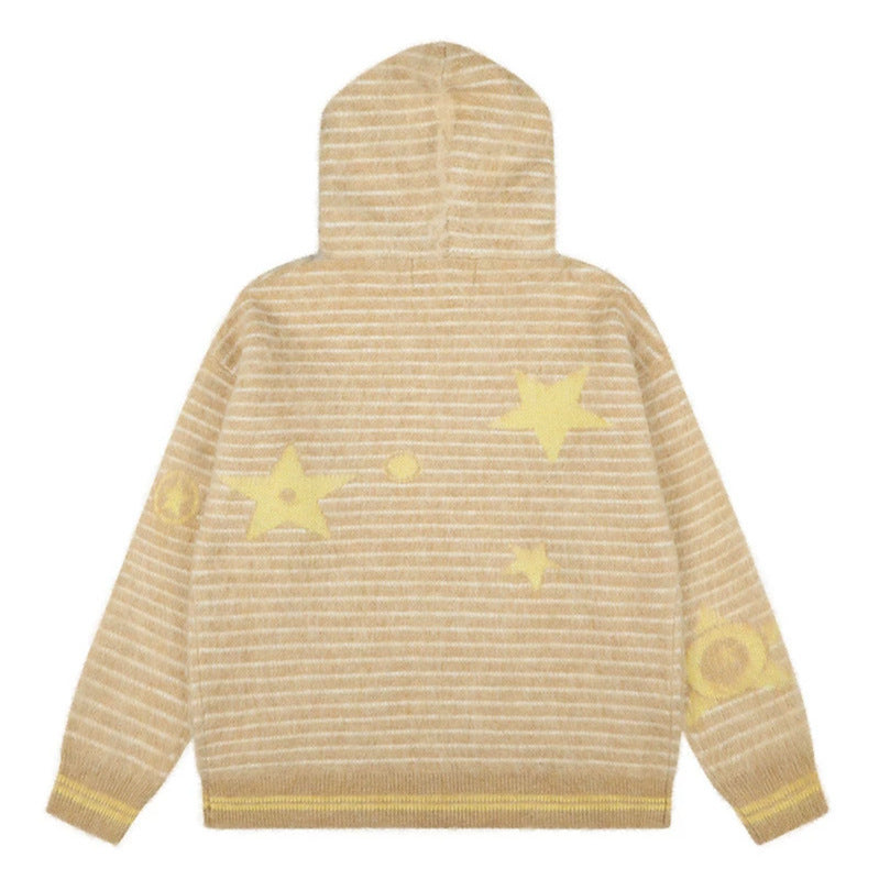 Damen Kapuzen-Strickjacke mit Fellbesatz, gestreifter Mohair‑Optik und Sternapplikationen Echoarchiv