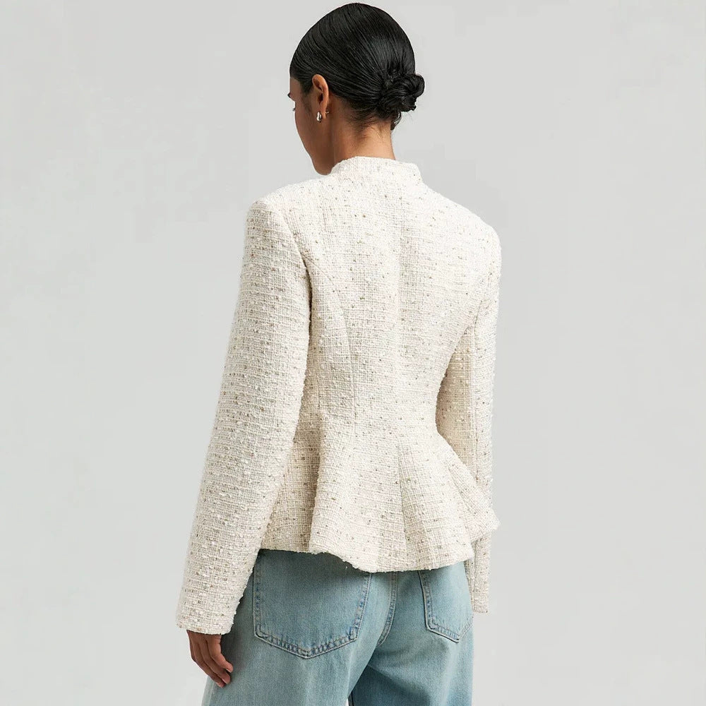 Damen Bouclé-Blazer mit Stehkragen und taillierter Schößchen-Silhouette Echoarchiv