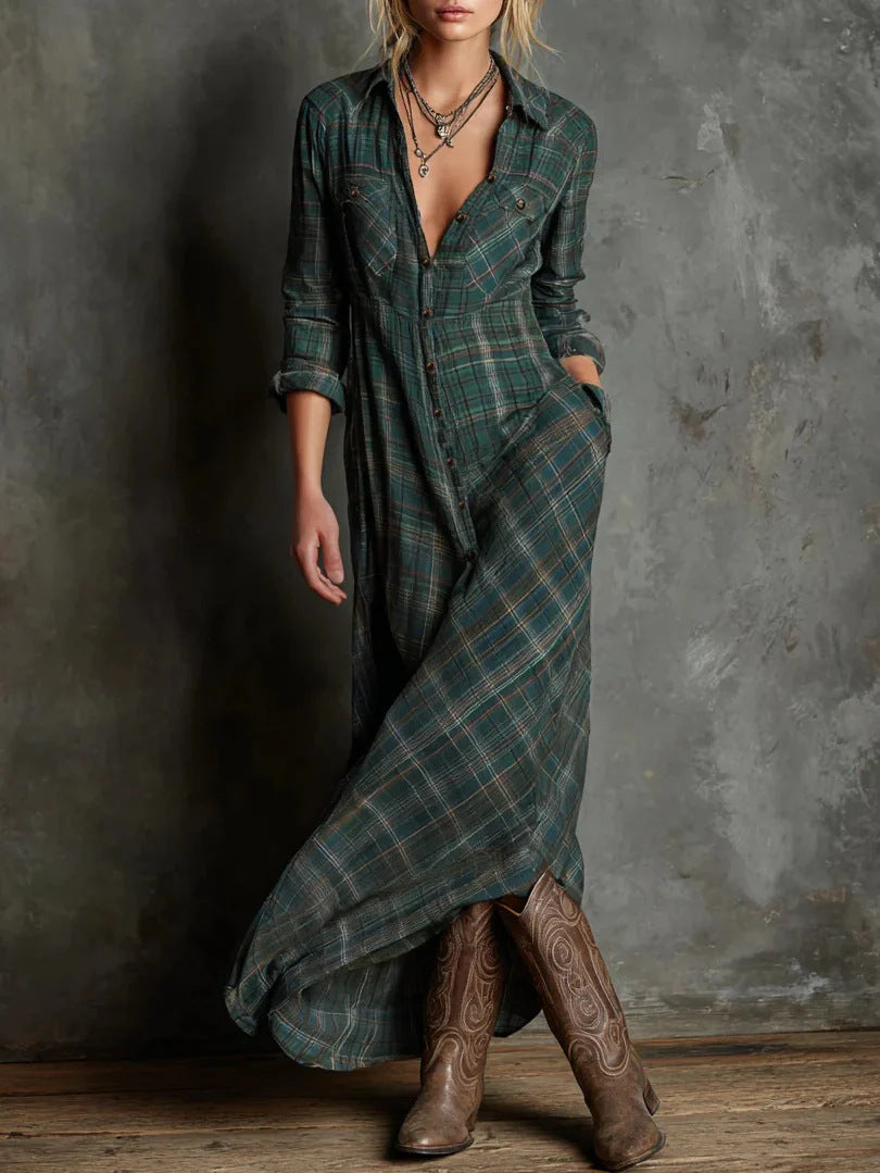 Damen Maxikleid aus kariertem Flanell-Look mit Knopfleiste und seitlichen Taschen – Valéora