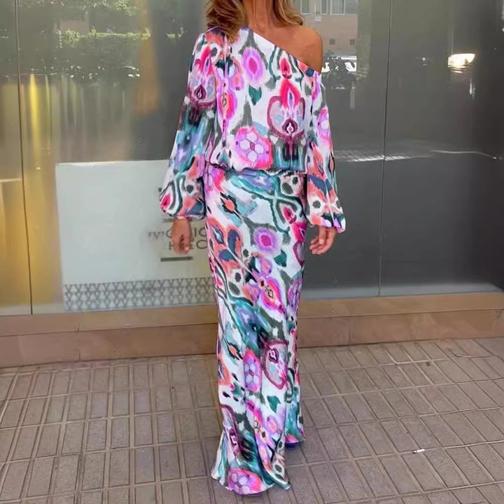Damen Maxikleid mit asymmetrischer Ein-Schulter, fließendem Satin und Glockenärmeln – Valéora
