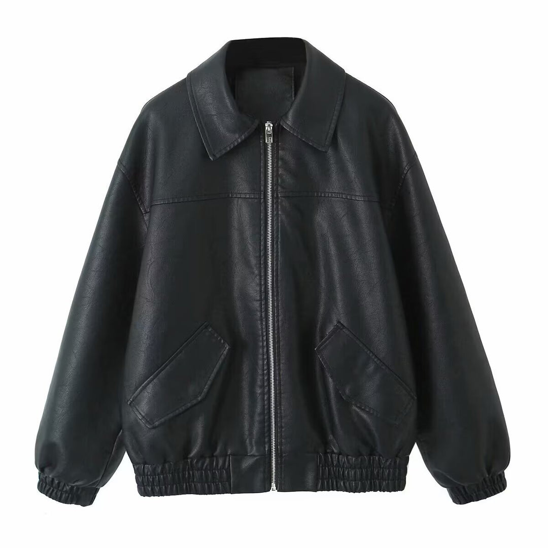 Damen nan oversized Kunstleder-Bomberjacke mit Hemdkragen elastischem Saum und aufgesetzten Pattentaschen Echo Archiv