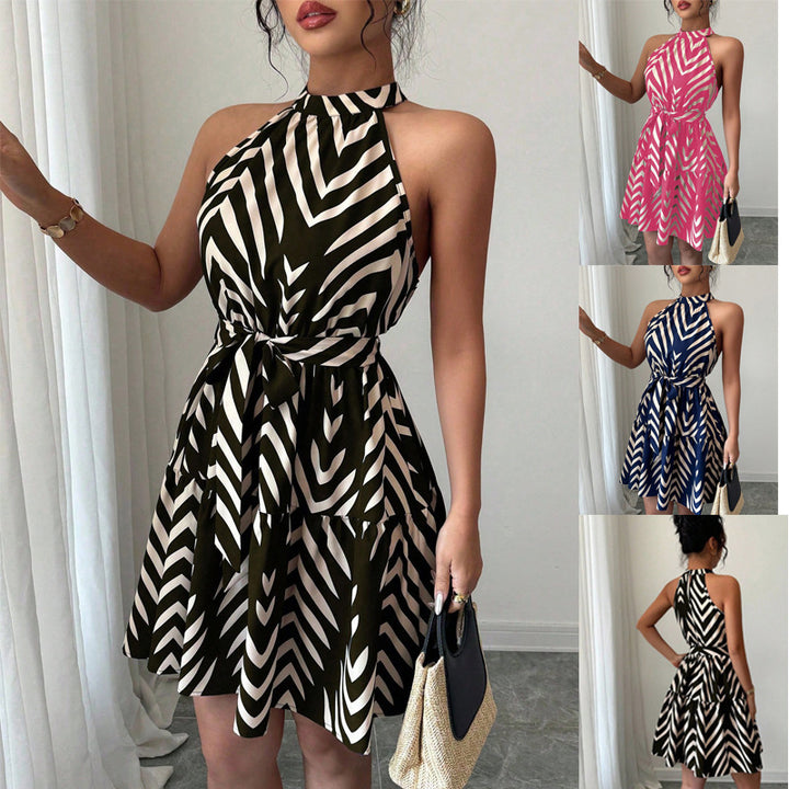 Damen Gestuftes Chiffon‑Sommerkleid mit Neckholder, Taillengürtel und grafischem Print Echo Archiv