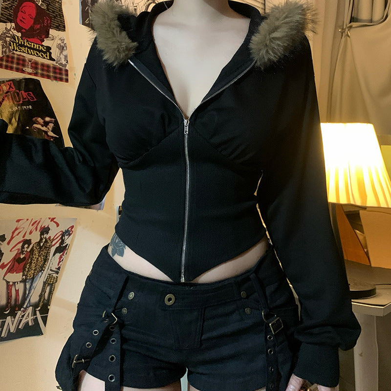 Damen Kurzgeschnittene Kapuzenjacke mit figurformender Rippen‑Corsage und durchgehendem Reißverschluss Echo Archiv