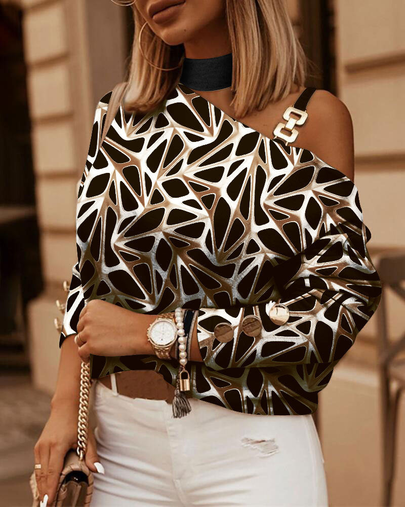 Damen asymmetrisches Off-Shoulder Langarmshirt mit Choker-Kragen und Schulterträgern – Avérine