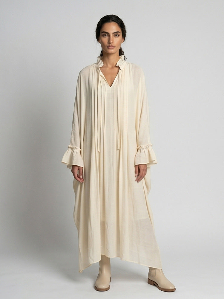 Damen Maxikleid im Kaftan-Stil mit Rüschenkragen, Bindebändern und voluminösen Ärmeln Echoarchiv