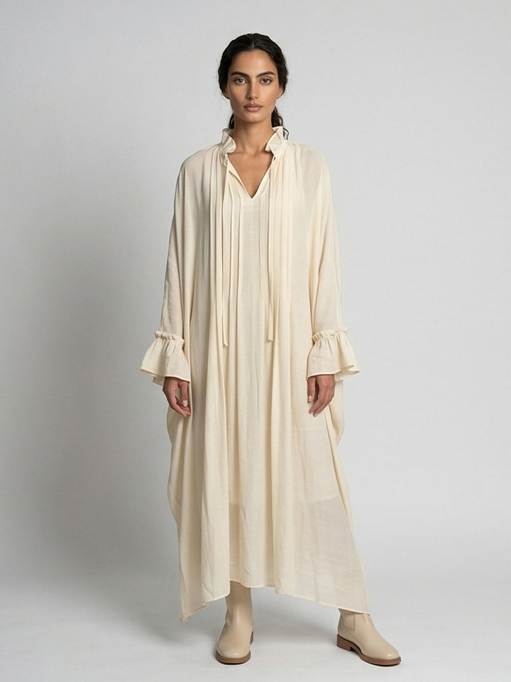 Damen Maxikleid im Kaftan-Stil mit Rüschenkragen, Bindebändern und voluminösen Ärmeln Echoarchiv