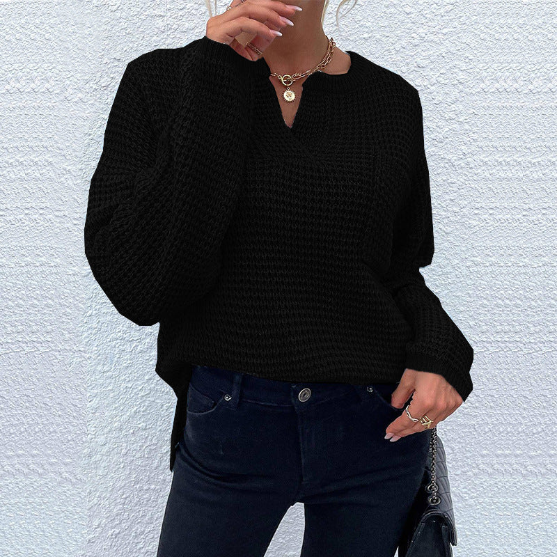 Damen Waffelstrick-Pullover mit V-Schlitz, oversized Schnitt und Ballonärmeln Echo Archiv