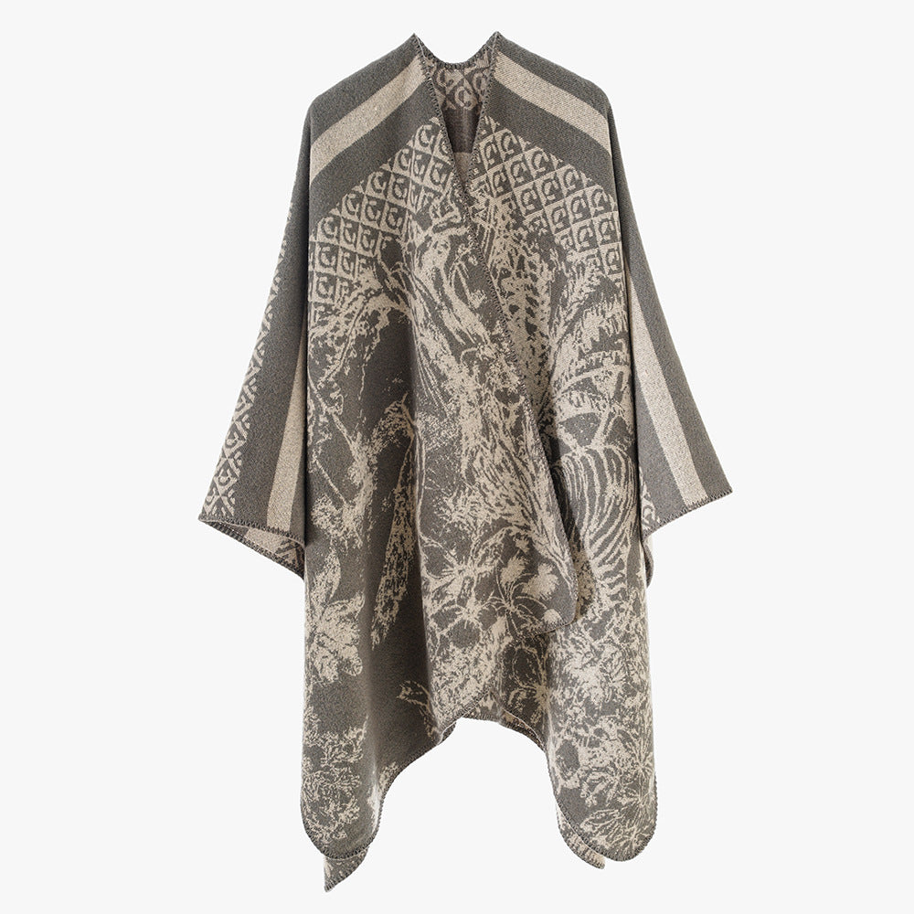 Damen Jacquard-Strickcape mit Stehkragen und grafischem Waldmotiv – Avérine