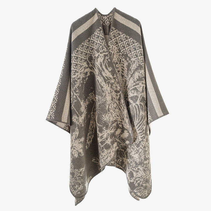 Damen Jacquard-Strickcape mit Stehkragen und grafischem Waldmotiv – Avérine