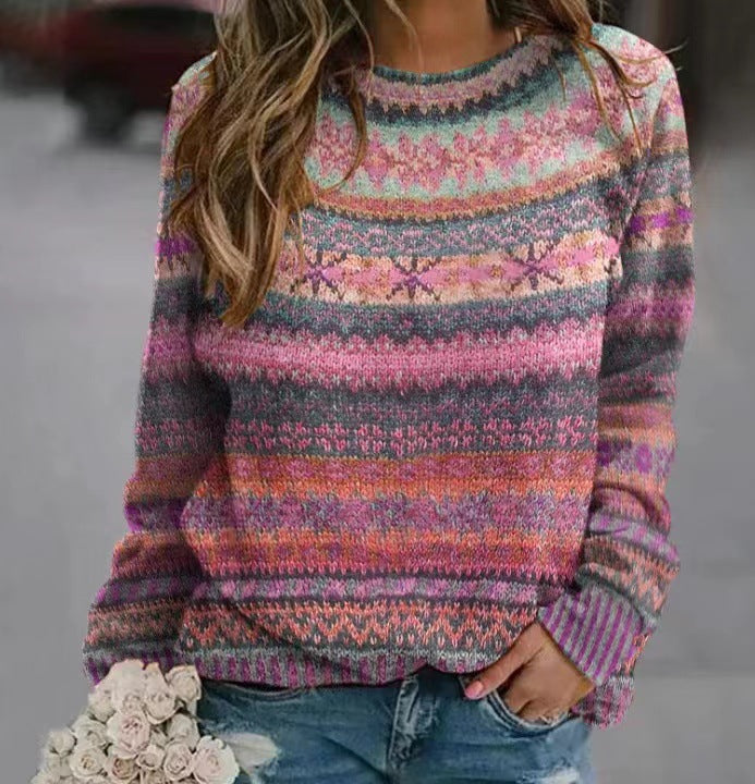 Damen gemusterter Strickpullover mit Rundhalsausschnitt, Fair Isle Muster und lässigem Oversized-Schnitt Echoarchiv