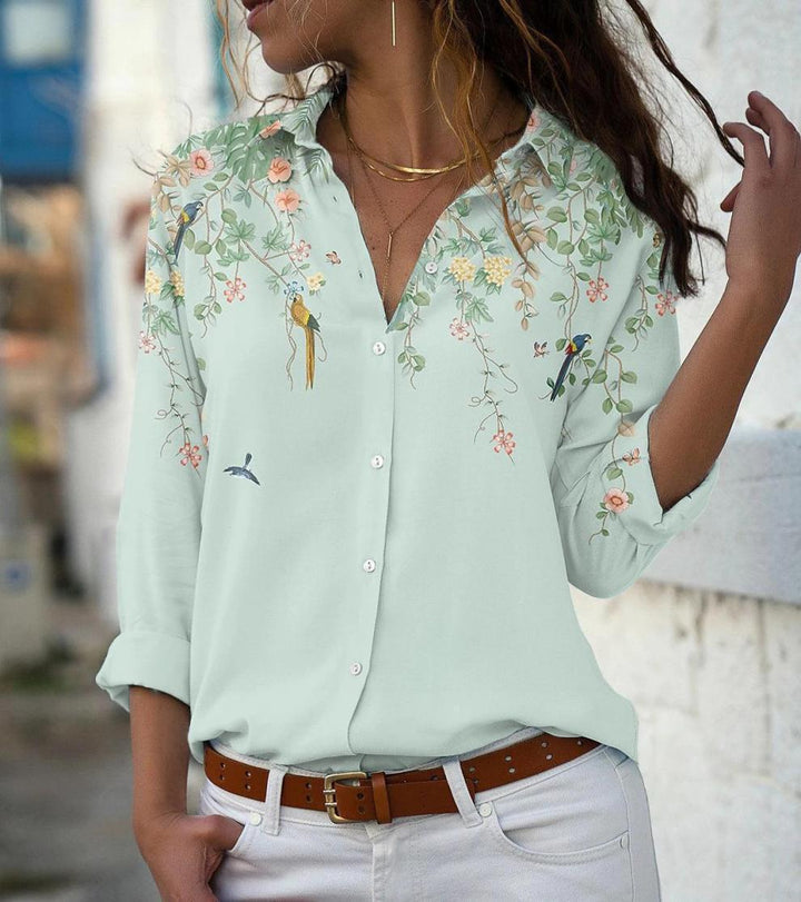 Damen nan leichte Chiffonbluse mit floralem Vogelprint, Knopfleiste und lässigem Schnitt Echo Archiv