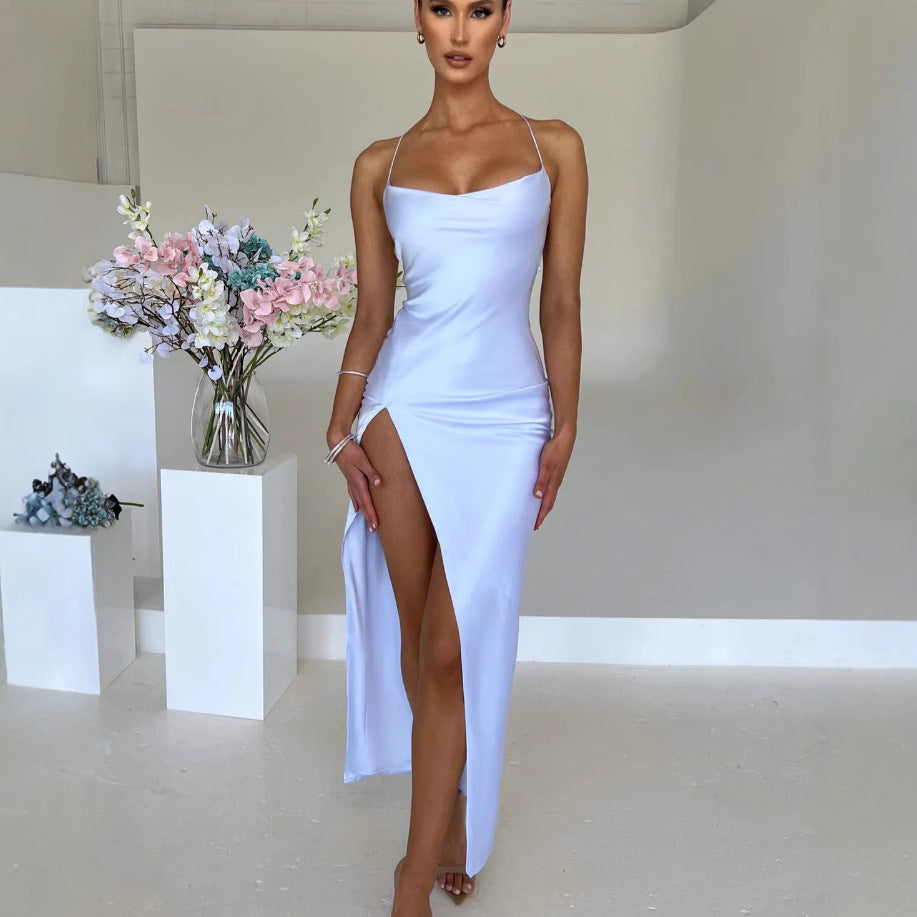 Damen Elegantes Maxikleid mit schmalen Spaghettiträgern und seitlichem Schlitz Echoarchiv
