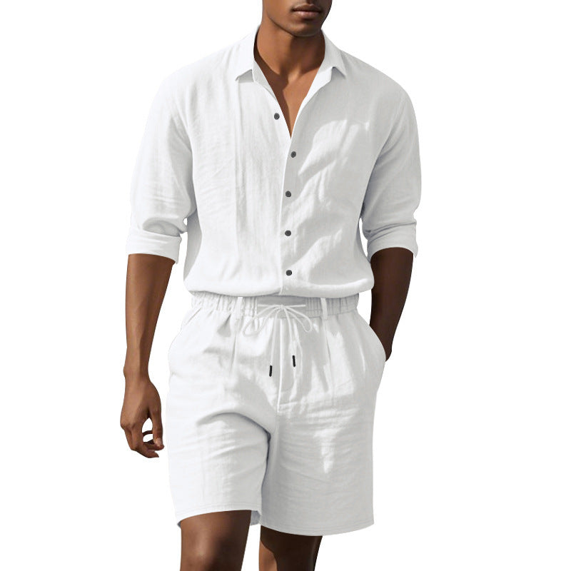 Herren elegantes Kurzarmhemd mit modischem Aufschlagkragen und lässigen Bermuda-Shorts Echoarchiv