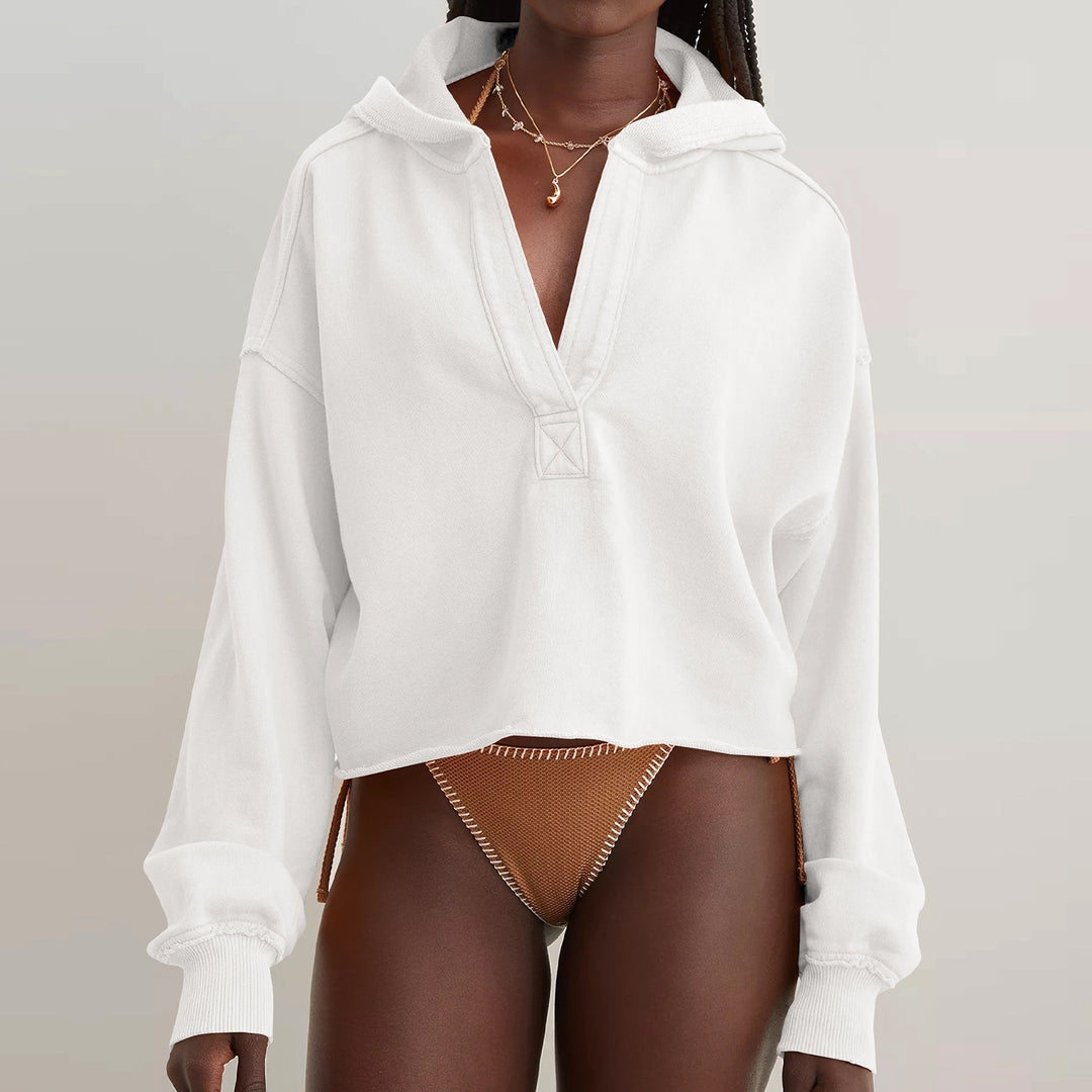 Damen Oversize Kapuzenpullover mit tiefem V-Ausschnitt, offener Knopfleiste und rohem Saum – Auréline