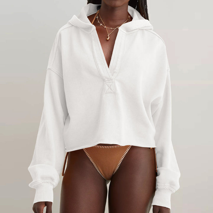 Damen Oversize Kapuzenpullover mit tiefem V-Ausschnitt, offener Knopfleiste und rohem Saum – Auréline