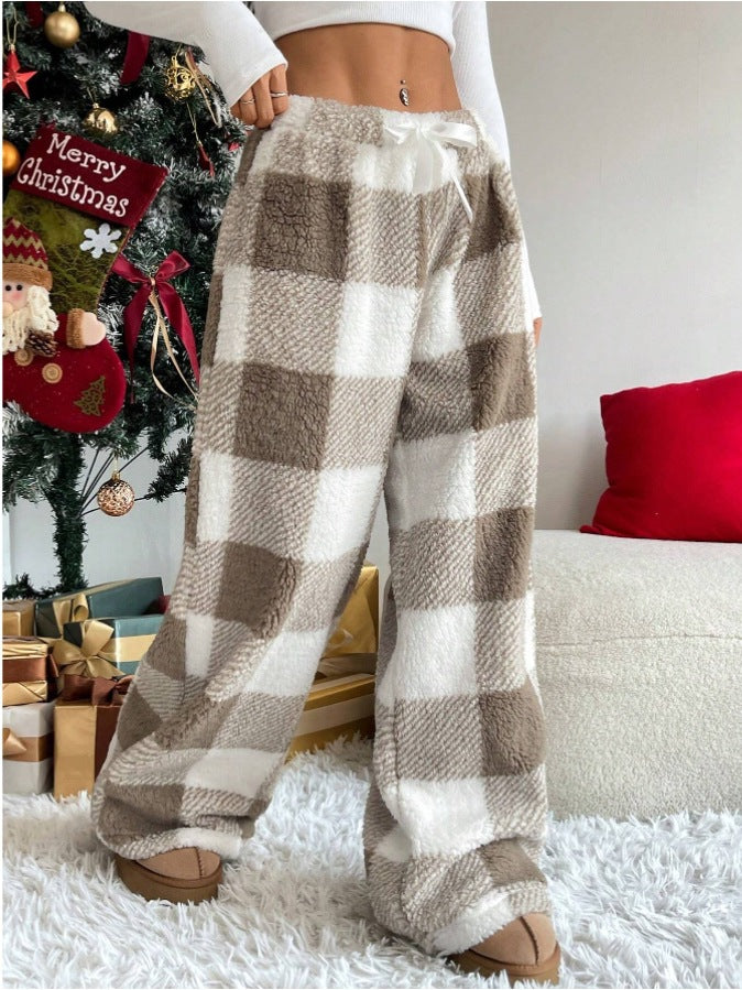 Damen nan kuschelige karierte Fleece-Hose mit Tunnelzugbund und weitem Bein Echo Archiv