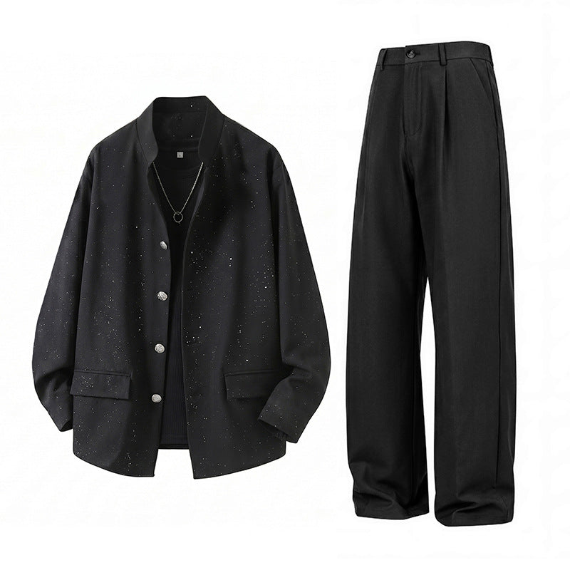 Herren Zweiteiliges Oversize-Lounge-Set mit gesprenkelter Übergangsjacke und weiter Bundfaltenhose Echoarchiv