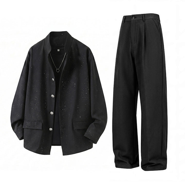 Herren Zweiteiliges Oversize-Lounge-Set mit gesprenkelter Übergangsjacke und weiter Bundfaltenhose Echoarchiv