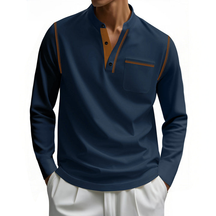 Herren nan Henley-Langarmshirt mit Stehkragen, Brusttasche und kontrastierenden Ziernähten Echo Archiv