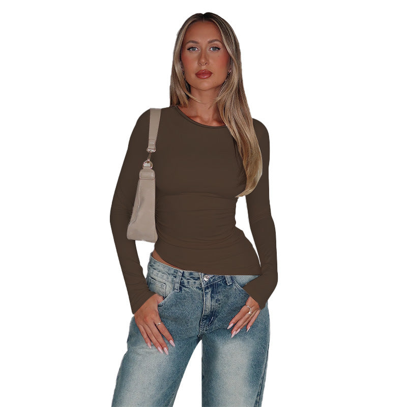 Damen asymmetrisches gerafftes bauchfreies Langarmshirt – Avérine