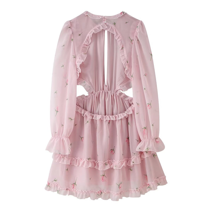 Damen Romantisches Chiffon-Minikleid mit Taillen-Cutouts, Volants und Puffärmeln Echo Archiv