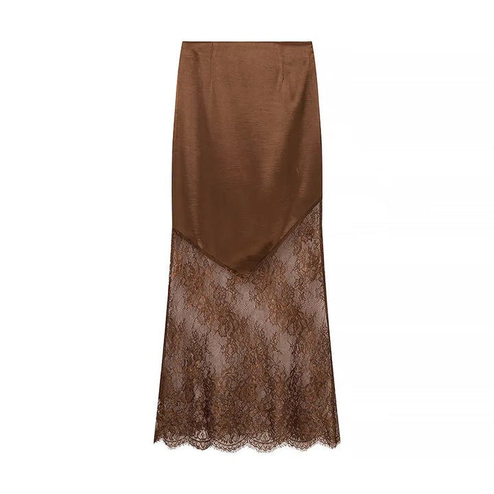 Damen nan Maxirock mit transparentem Spitzenunterteil und asymmetrischem Satin-Overlayer Echo Archiv