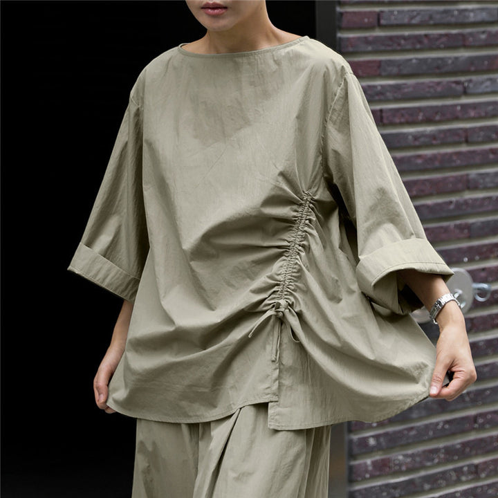 Damen Oversize-Bluse mit seitlicher Kordel‑Raffung, U‑Boot‑Ausschnitt und weiten Ärmeln Echoarchiv