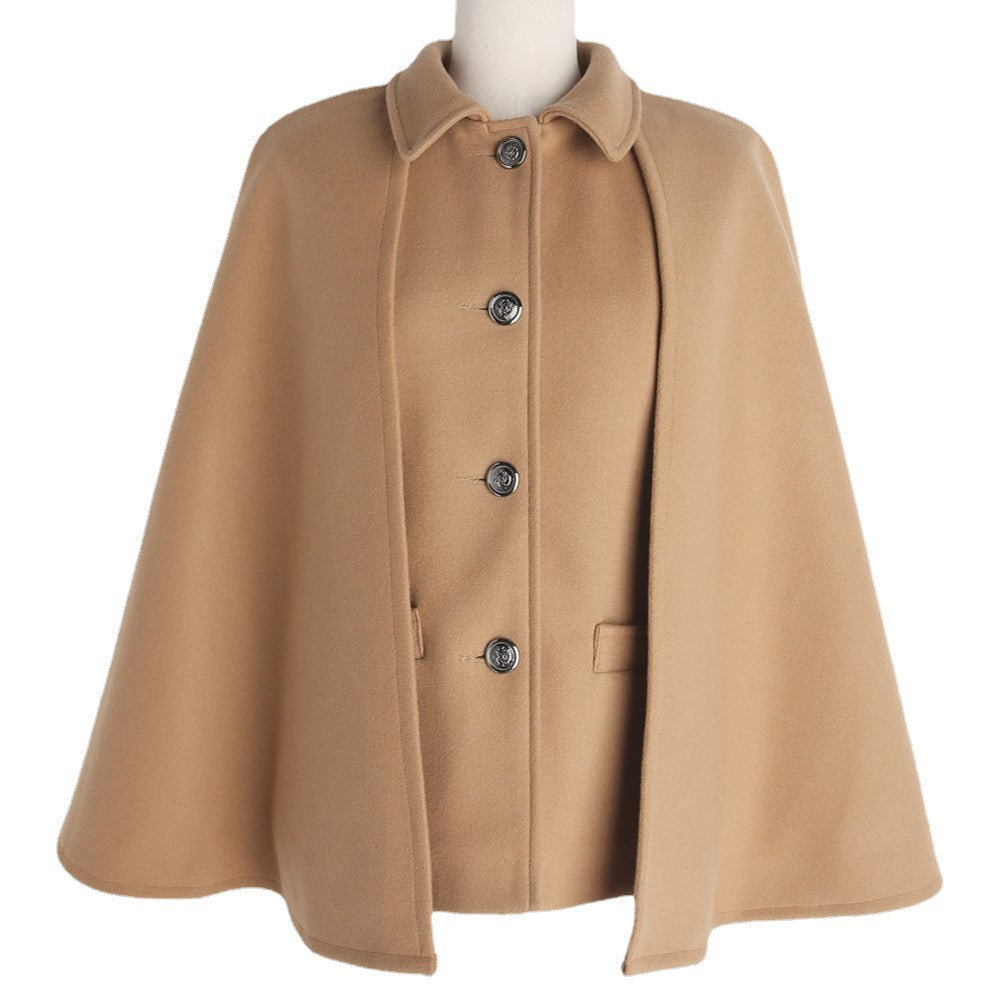 Damen Kurzer Wollmix-Cape-Mantel mit Hemdkragen und aufgesetzten Taschen Echoarchiv