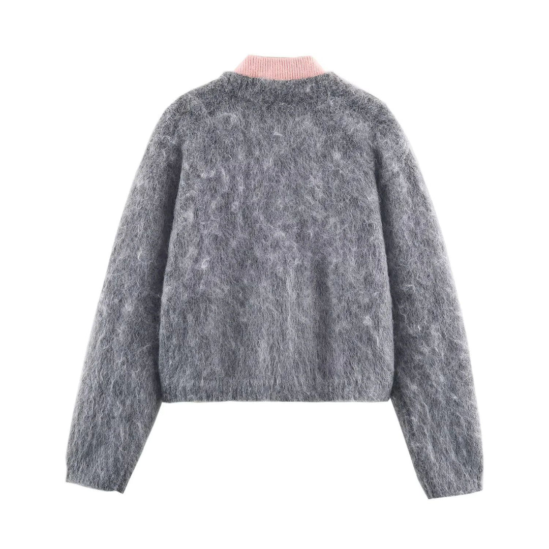 Damen kuscheliger Mohair‑Optik Cardigan mit integrierter Reißverschluss‑Innenjacke und Bomberkragen – Veloura