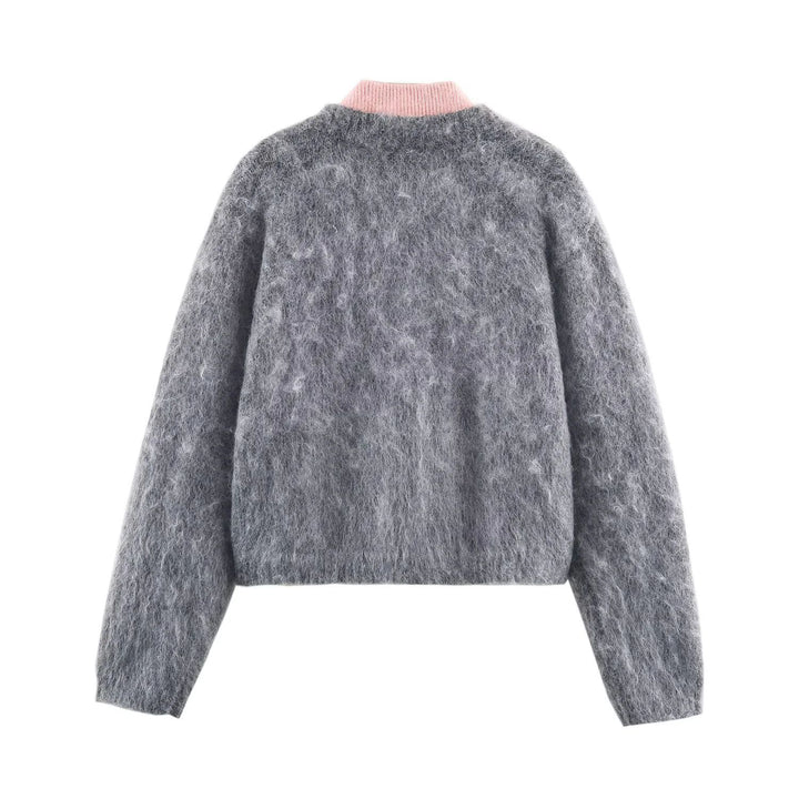 Damen kuscheliger Mohair‑Optik Cardigan mit integrierter Reißverschluss‑Innenjacke und Bomberkragen – Veloura