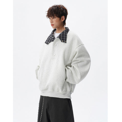 Unisex Oversized Sweatshirt mit abnehmbarem Karo-Kragen und Druckknopfleiste – Norvane