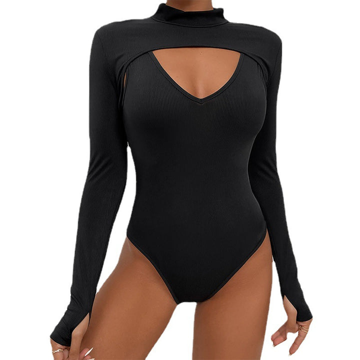 Damen Figurbetontes Ripp-Body mit Cut-Out, Stehkragen und langen Ärmeln Echoarchiv