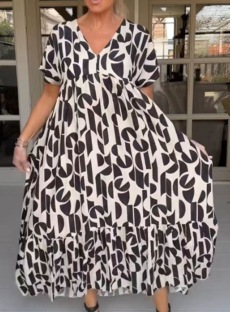 Damen nan voluminöses Maxikleid mit Unterbrustnaht, V-Ausschnitt, kurzen Kimonoärmeln und Stufenvolant Echo Archiv