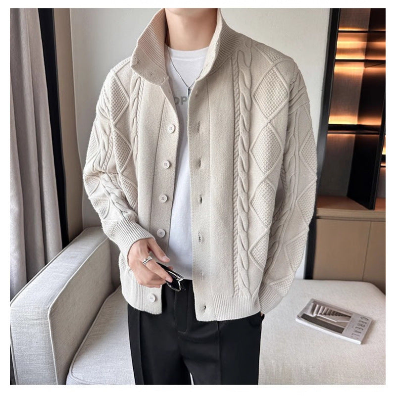 Herren Lockere Strick-Cardigan mit hohem Stehkragen und Zopfmuster Echoarchiv