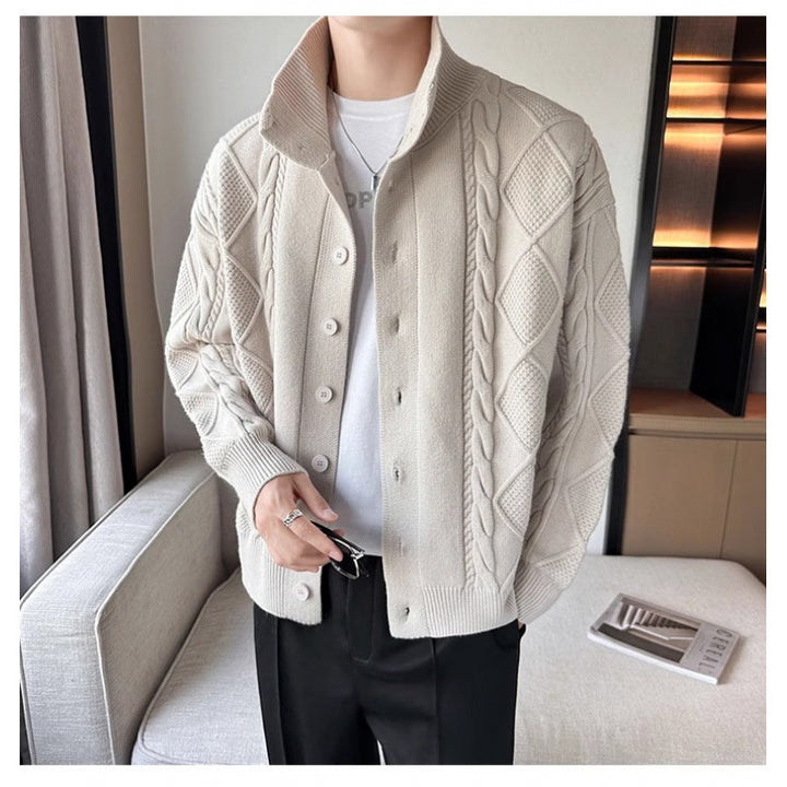 Herren Lockere Strick-Cardigan mit hohem Stehkragen und Zopfmuster Echoarchiv