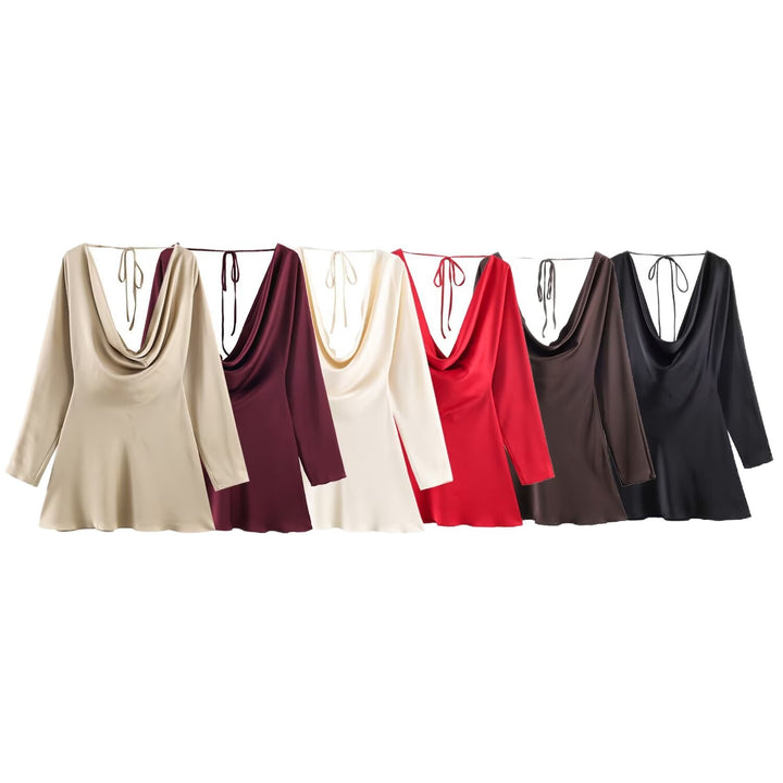 Damen Kurzes Satin-Minikleid mit tiefem Wasserfall‑Rücken, V‑Ausschnitt vorne und langen Ärmeln Echoarchiv