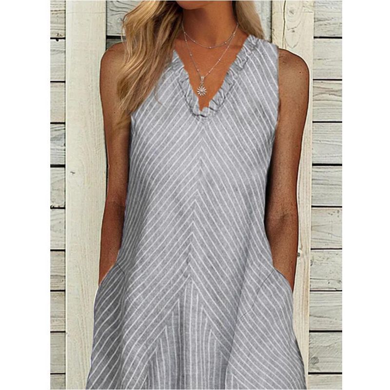 Damen nan ärmelloses A‑Linien Midikleid mit Rüschen-V-Ausschnitt diagonal gestreifter Leinenoptik und seitlichen Eingriffstaschen Echo Archiv