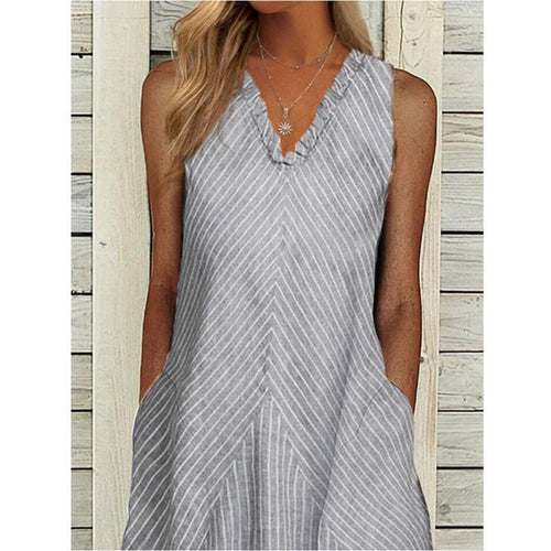 Damen nan ärmelloses A‑Linien Midikleid mit Rüschen-V-Ausschnitt diagonal gestreifter Leinenoptik und seitlichen Eingriffstaschen Echo Archiv