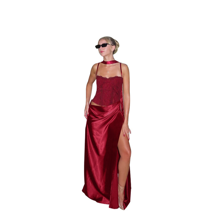 Damen elegantes Maxikleid mit Spitzenoberteil und fließendem Rock Echo Archiv