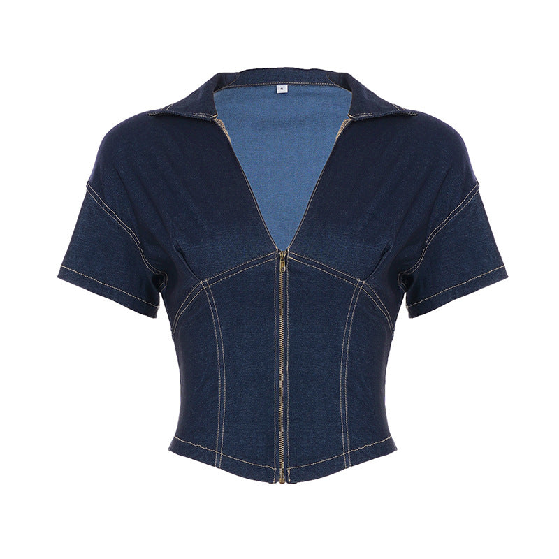 Damen Kurzarm Denim-Jacke mit teilbarem Reißverschluss und modischem Schnitt Echo Archiv